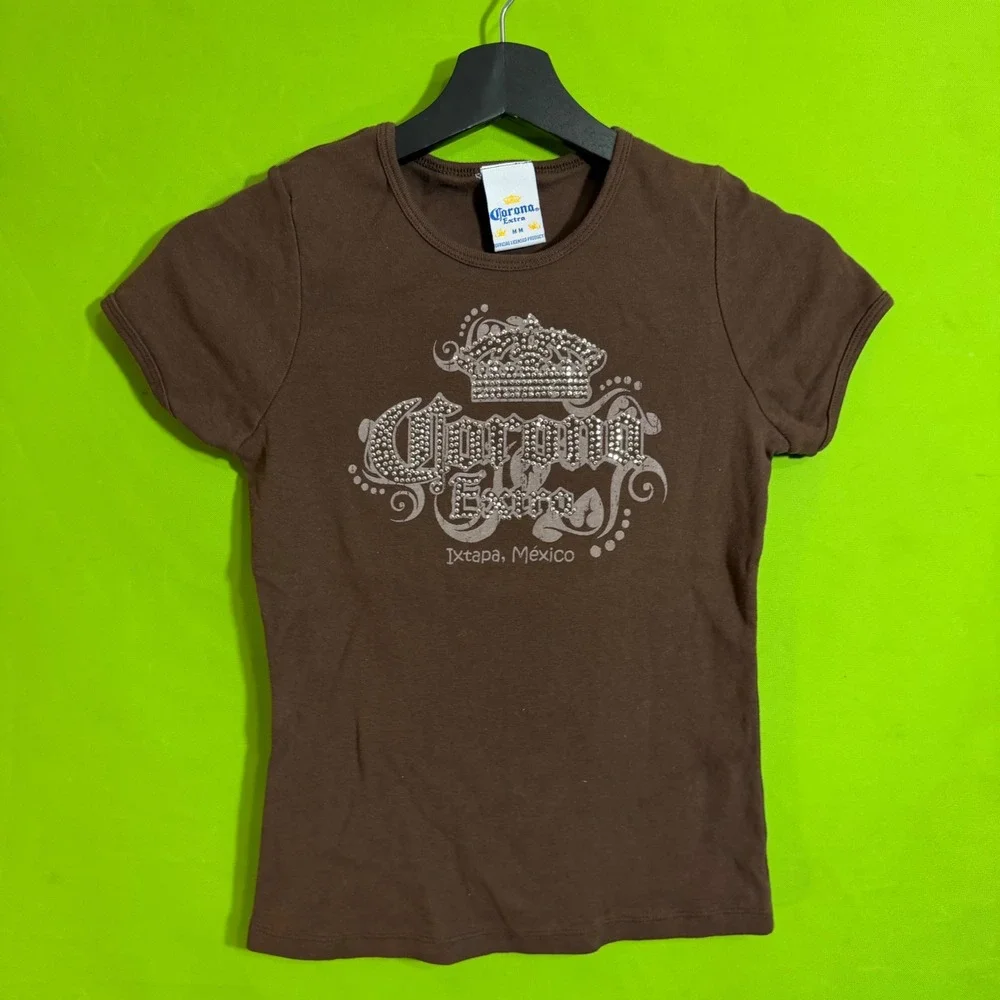 Corona Extra Ixtapa Mexico Rhinestone Graphic Y2K T-Shirt Brown Women Medium Tee
